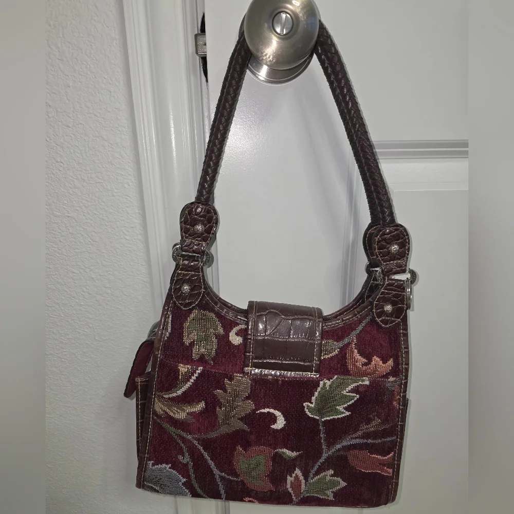 Burgundy Floral Tapestry Purse With Brown Faux Leather - Picture 2 of 11